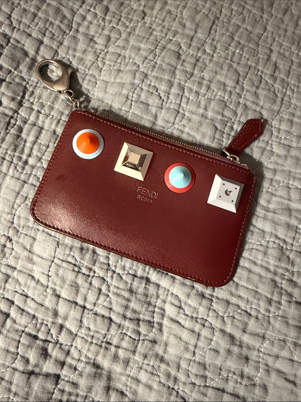 Fendi Burgundy Leather Zip Pouch with Multicolor Studs